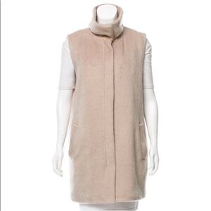 THEORY Long Faux Fur Vest stand collar taupe tan small